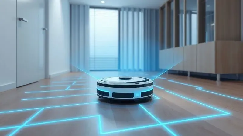 Ilustração digital de robô aspirador usando sensores de mapeamento a laser para navegar em uma sala moderna.