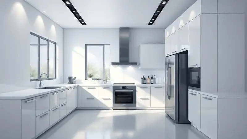 Ilustração digital de uma cozinha moderna e tecnológica simbolizando a qualidade e inovação de eletrodomésticos premium.