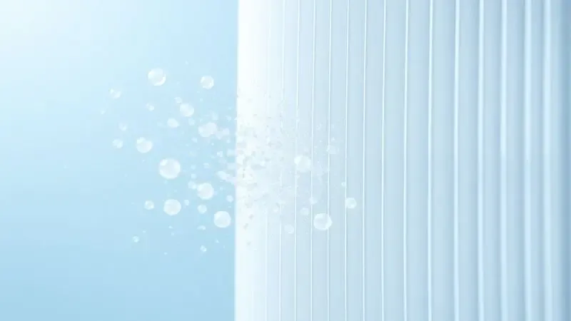 Ilustração conceitual de filtragem de ar eficiente com partículas sendo retidas por um filtro HEPA de alta tecnologia.