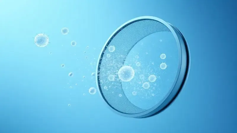 Ilustração conceitual de um filtro de ar retendo partículas de poeira e purificando o ambiente de forma eficiente.