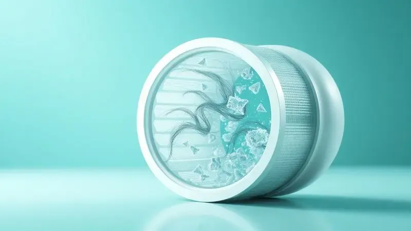 Representação artística em 3D de um sistema de filtragem HEPA capturando partículas de poeira e pelos microscópicos.