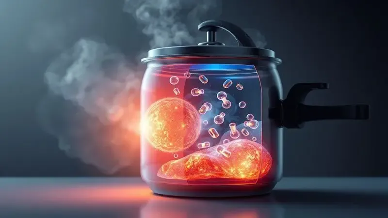 Ilustração digital mostrando o conceito físico do vapor e calor dentro de uma panela de pressão hermeticamente fechada.