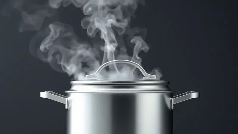 Renderização artística de vapor saindo de uma panela de pressão genérica ilustrando a liberação de energia e controle de pressão.