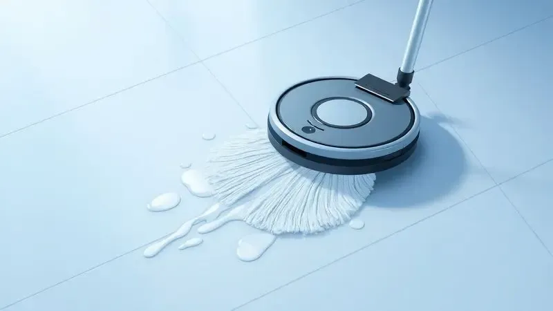 Ilustração digital de um robô aspirador passando pano em um piso frio e deixando um rastro de limpeza brilhante.