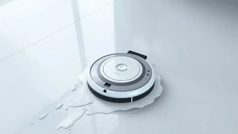 Representação digital de um robô aspirador limpando um piso brilhante e deixando um rastro de limpeza úmida, ilustrando a função mop.