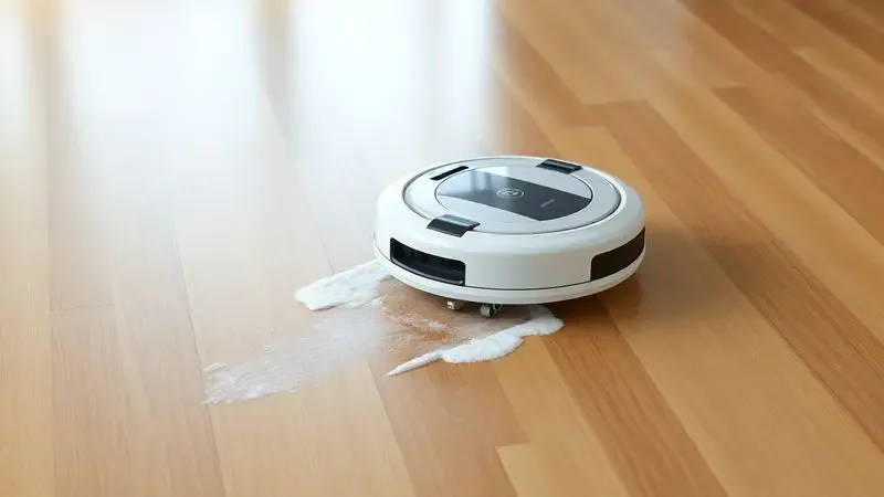 Ilustração digital de um robô aspirador realizando a função de passar pano em piso de madeira.
