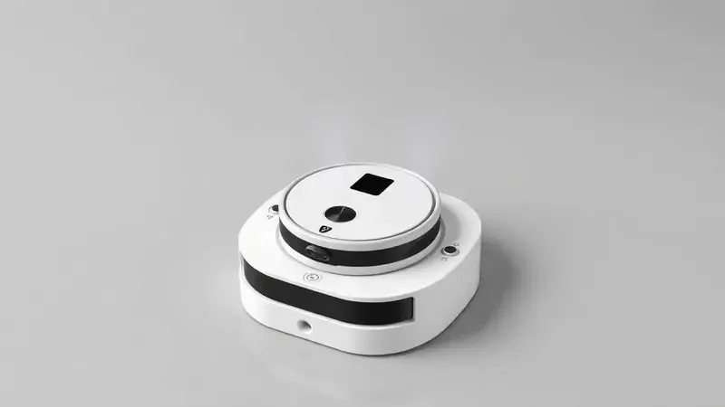 Renderização 3D de uma base de autolimpeza moderna para robô aspirador, destacando a funcionalidade de descarte automático.