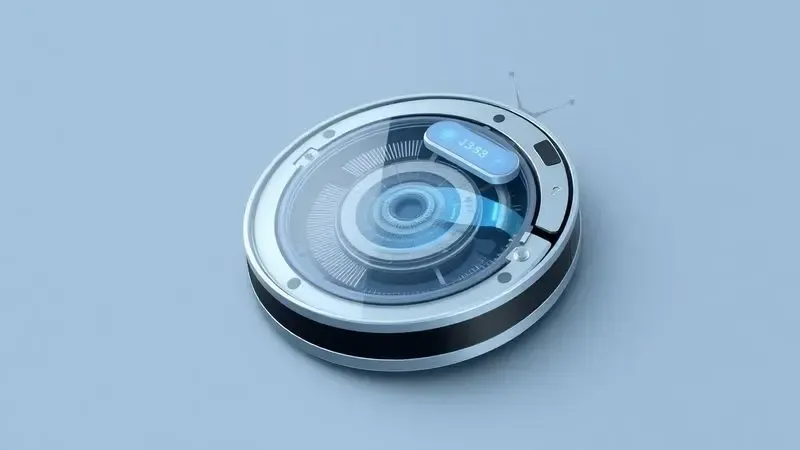 Ilustração digital realista mostrando o interior tecnológico e os componentes de sucção de um robô aspirador de forma conceitual.