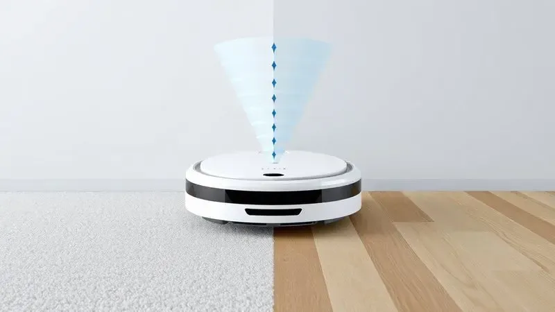 Ilustração 3D de um robô aspirador demonstrando diferentes potências de sucção e modos de limpeza em superfícies variadas.