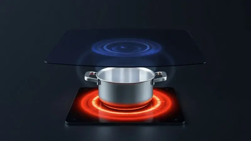 Representação artística 3D das ondas eletromagnéticas aquecendo a base de uma panela de indução.