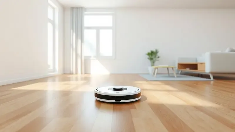 Ilustração 3D de um robô aspirador genérico limpando um piso de madeira em uma sala de estar moderna e organizada.
