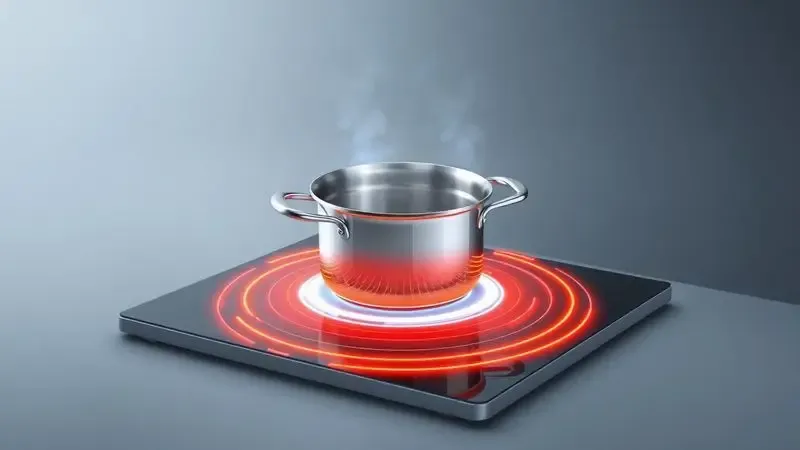 Ilustração 3D mostrando ondas eletromagnéticas aquecendo uma panela no fogão de indução.