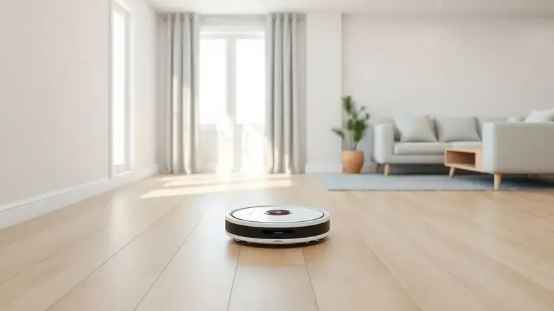 Renderização artística de um robô aspirador percorrendo o piso de uma sala de estar limpa e organizada.