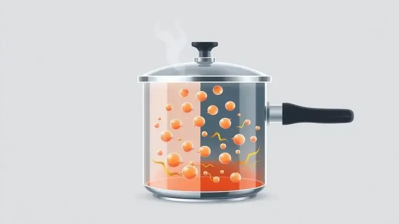 Ilustração digital mostrando o funcionamento da pressão interna e vapor dentro de uma panela de pressão em corte esquemático.