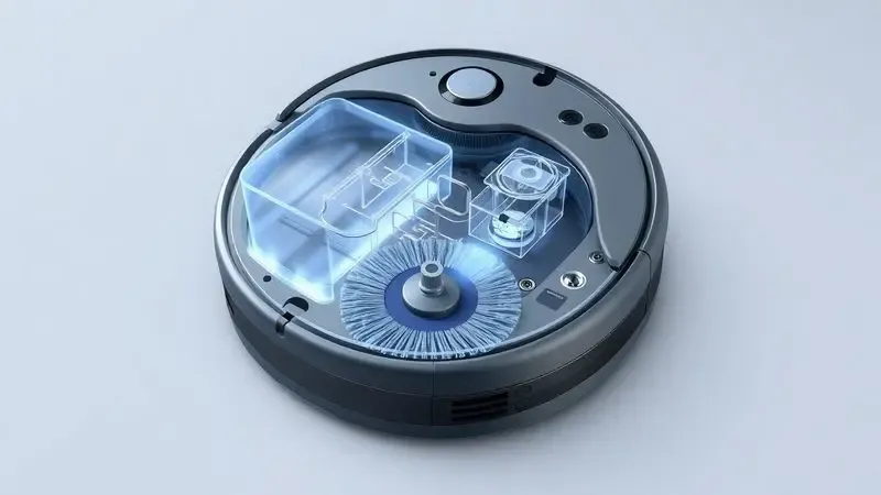 Ilustração 3D técnica mostrando o sistema de reservatório de água e mop de um robô aspirador genérico de forma simplificada.