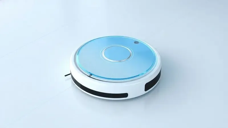 Ilustração 3D de um robô aspirador genérico mostrando camadas conceituais de limpeza e reservatório de água.