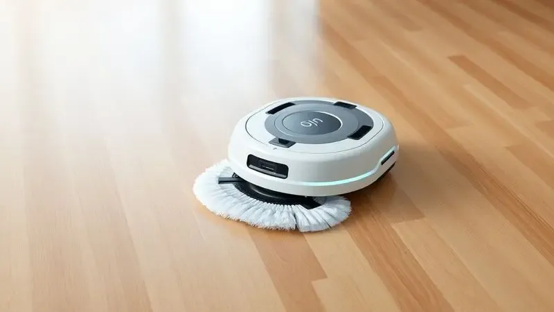 Ilustração 3D conceitual mostrando o funcionamento de um robô aspirador varrendo e passando pano em uma superfície de madeira.