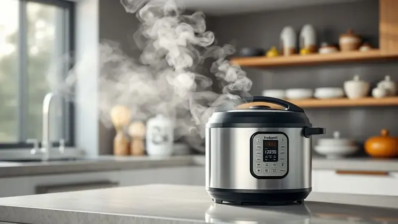 Ilustração 3D de uma panela de pressão elétrica moderna liberando vapor em uma cozinha organizada, simbolizando eficiência tecnológica.