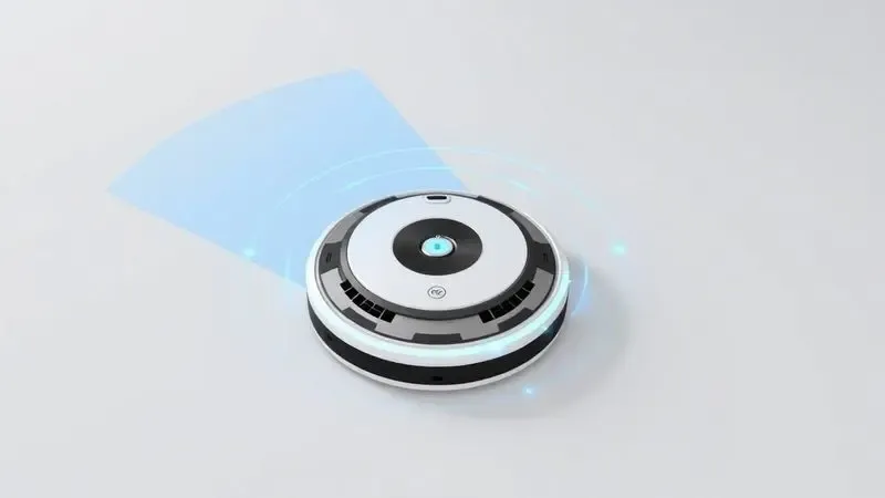 Renderização 3D de sensores de um robô aspirador mapeando o chão de uma casa moderna de forma inteligente.