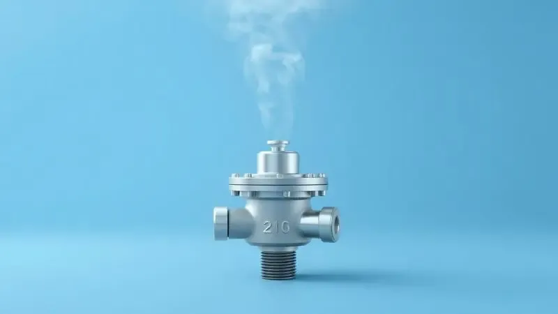 Ilustração 3D conceitual de uma válvula de panela de pressão liberando vapor de forma controlada.
