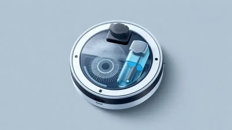 Representação visual das funções de varrer, aspirar e passar pano em um robô aspirador moderno.