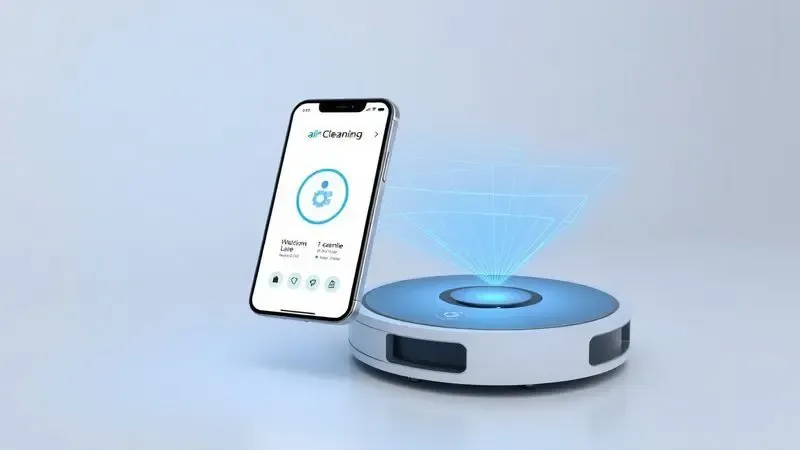 Representação digital 3D de um aplicativo de celular controlando um robô aspirador inteligente com linhas de conexão.