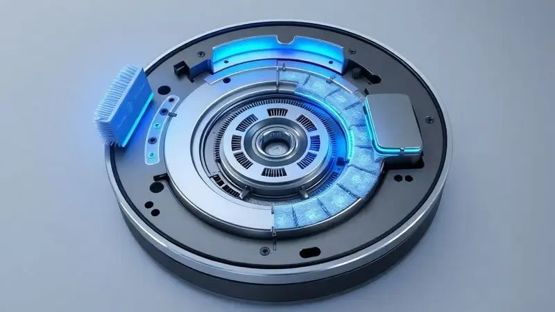 Representação artística das três funções de limpeza de um robô aspirador: varrer, aspirar e passar pano.