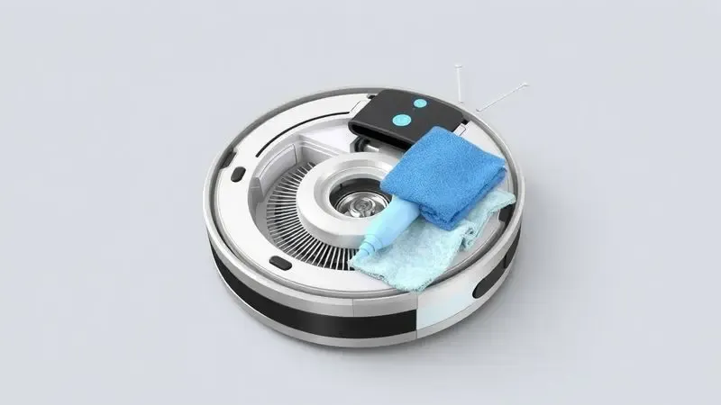 Ilustração digital em 3D demonstrando o sistema de limpeza tripla de um robô aspirador, com ícones conceituais de água e sucção.