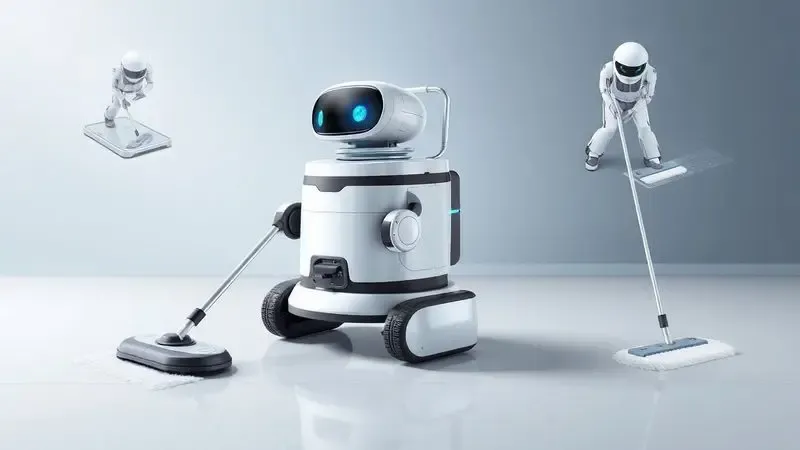 Ilustração digital de um robô aspirador operando em diferentes superfícies, simbolizando as funções de varrer e passar pano.