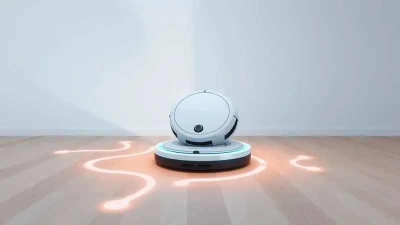 Ilustração digital de um robô aspirador percorrendo diferentes padrões de limpeza em um piso claro de uma casa moderna.
