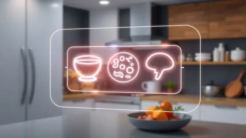 Ilustração digital de uma interface moderna com ícones de preparo de alimentos como sopas e carnes.