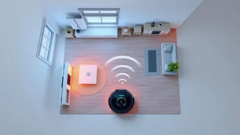 Ilustração conceitual de sensores e navegação inteligente de um robô aspirador de pó.