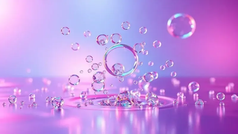 Cena 3D abstrata com bolhas de sabão e gotas de água cristalinas sobre uma superfície metálica brilhante de panela.