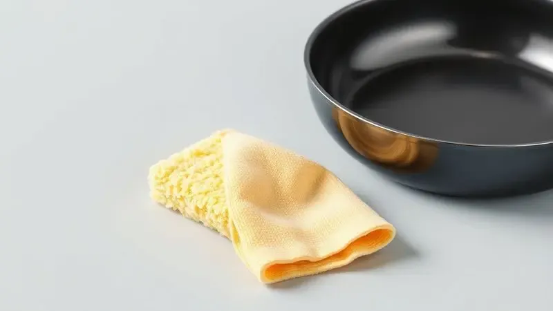 Esponja macia e pano de limpeza ao lado de uma panela de cerâmica bem conservada, representando cuidados e manutenção.