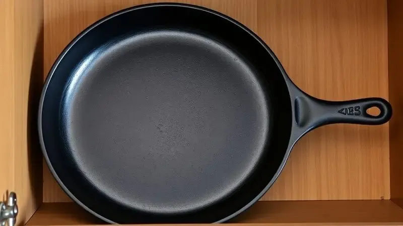 Renderização artística de uma panela de ferro fundido brilhante e bem cuidada armazenada de forma organizada.