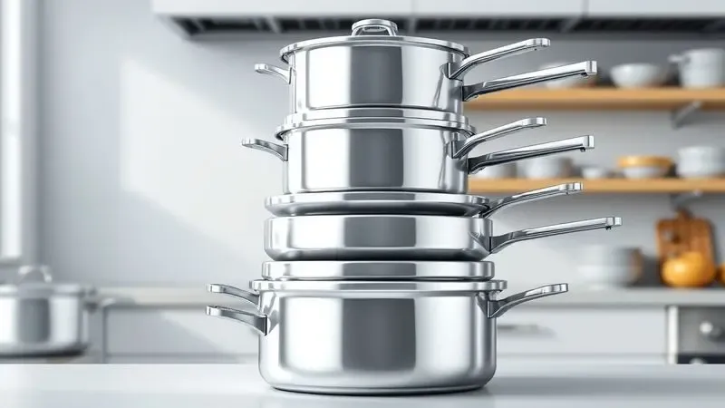 Ilustração de panelas de aço inox brilhantes e empilhadas de forma organizada em uma cozinha moderna.