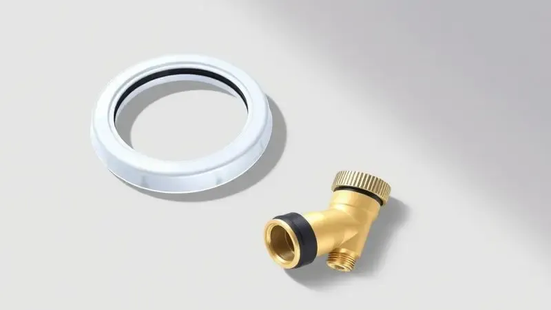 Peças de reposição para panela de pressão como borracha de vedação e válvula organizadas de forma minimalista.