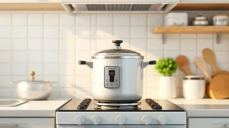 Cena conceitual em 3D de uma cozinha moderna e segura com uma panela de pressão posicionada corretamente sobre o fogão.