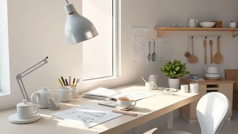 Ilustração 3D artística de um ambiente de design criando conceitos de utensílios de cozinha inovadores.