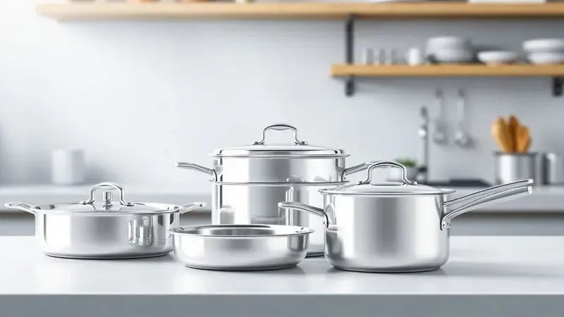 Ilustração digital de utensílios de cozinha de alumínio polido em um ambiente industrial moderno e minimalista.