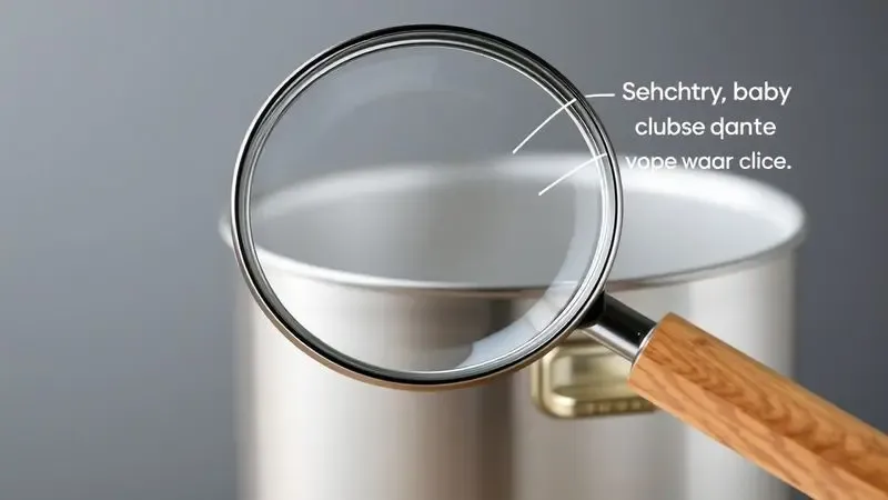 Imagem conceitual de uma lupa inspecionando os detalhes e o acabamento de alta qualidade de uma panela premium.