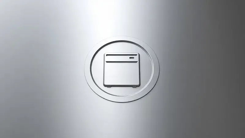 Ilustração conceitual de um ícone estilizado de seguro para lava-louças gravado de forma minimalista em uma superfície metálica.