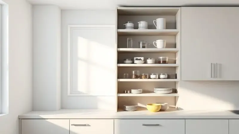 Representação 3D de um armário de cozinha com panelas perfeitamente alinhadas, transmitindo uma sensação de ordem e funcionalidade.