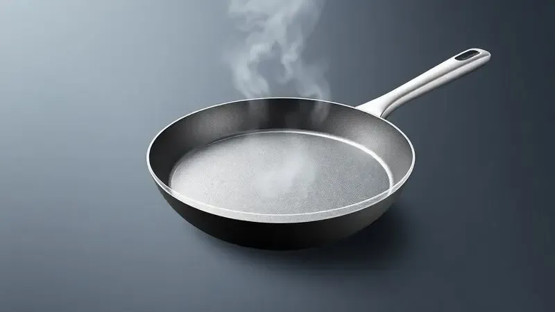 Ilustração técnica mostrando a criação de uma camada protetora invisível sobre a superfície de uma frigideira moderna.