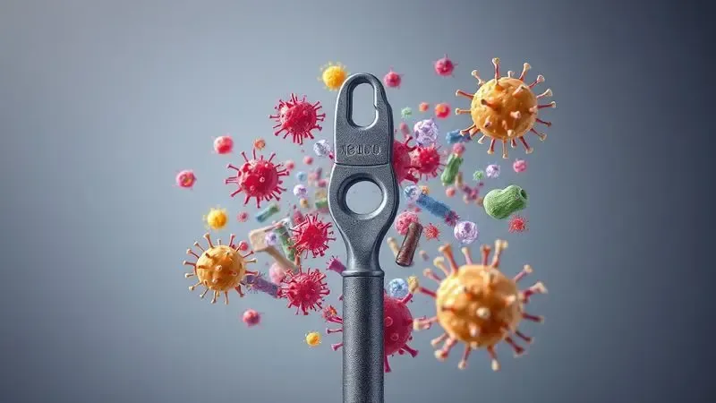 Ilustração digital microscópica conceitual de bactérias e germes perto de instrumentos de metal, simbolizando riscos à saúde.