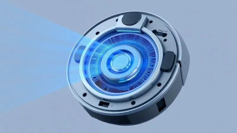 Ilustração 3D conceitual de fluxo de ar limpo e eficiente em um robô aspirador de pó genérico.