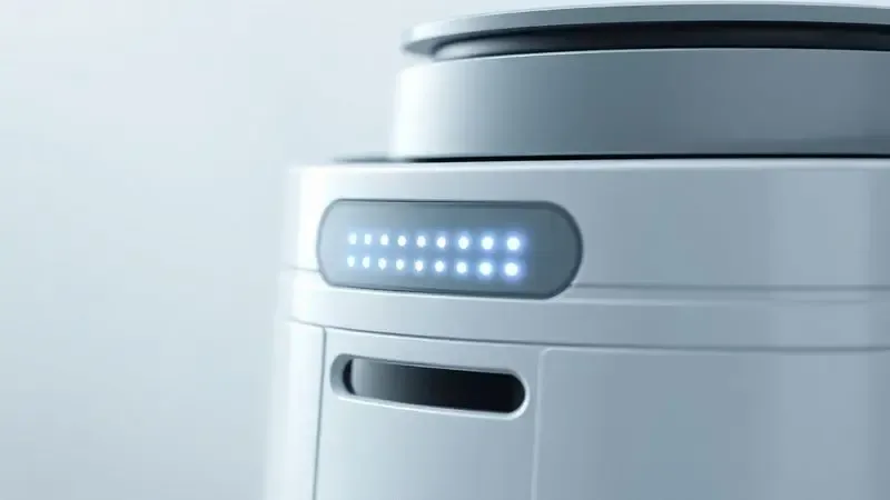 Ilustração digital detalhando os indicadores de luz LED no topo de um aspirador de pó robô genérico.