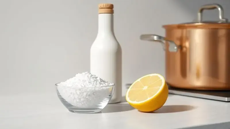 Elementos naturais como limão e sal em uma bancada de cozinha ao lado de um tacho de cobre para limpeza caseira.