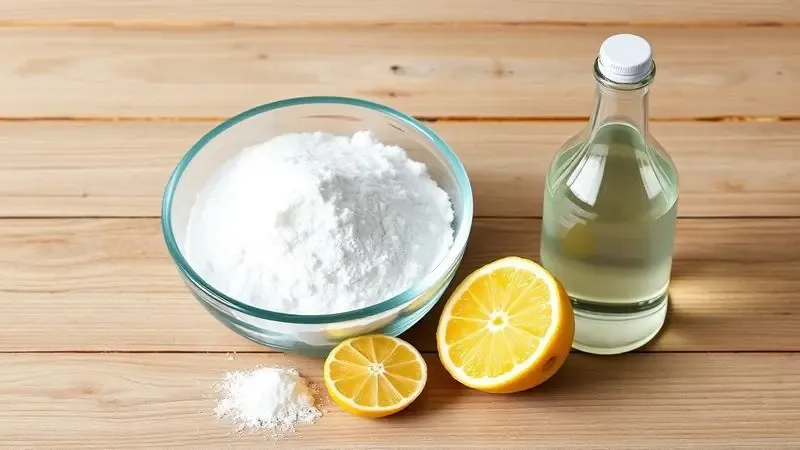 Ilustração digital de ingredientes naturais como limão, bicarbonato e vinagre organizados para limpeza doméstica.