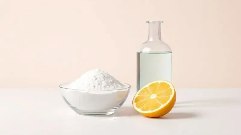 Ingredientes caseiros naturais de limpeza organizados em estilo 3D e minimalista.